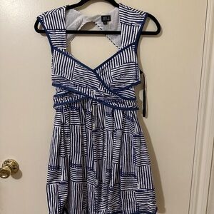 Very J Blue & White Striped Open Back Dress | Size Small | Built-In Padding